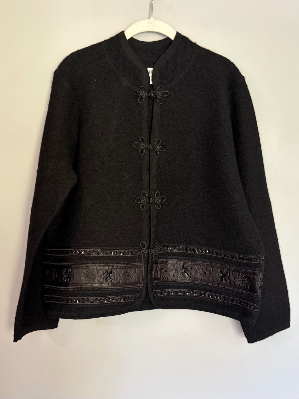Vtg Boiled Wool Jacket Size M Black Frog Knot Toggle Buttons Mandarin Collar